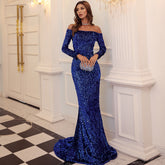 Sexy Strapless Long Sleeve Sequins Party Evening Dress - kinko
