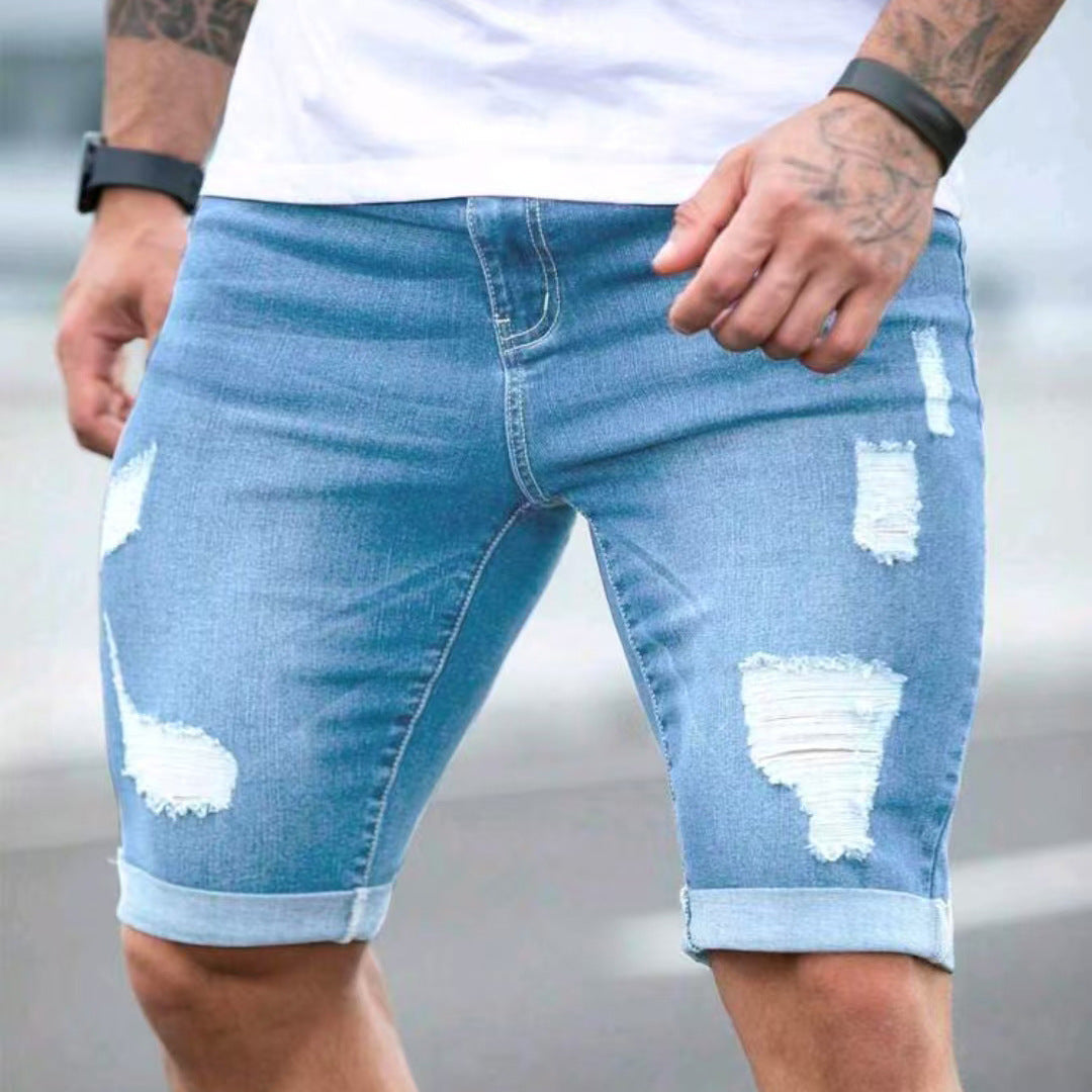 Summer Blue Multi-hole Design Denim Shorts - kinko
