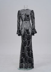 Long Sleeve Round Neck Slim-fit Sheath Sequined Banquet Fishtail Evening Dress - kinko