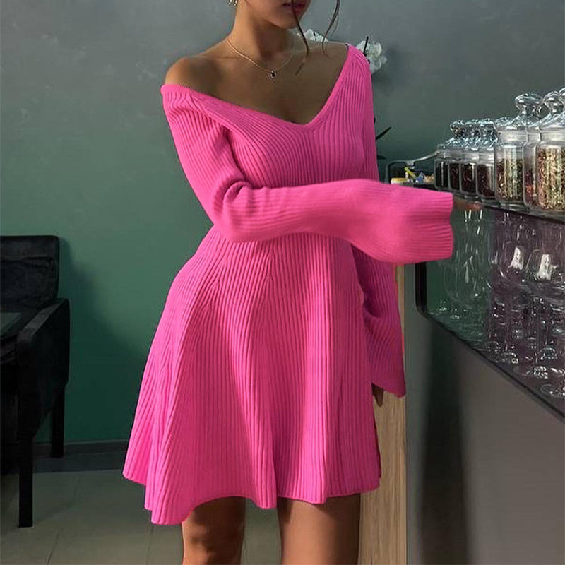 Sexy Slim V-Neck Long Sleeve Knitted Dress Fashion Tight High Elastic Ruffle A-Line Short Dresses Y2K Skirt Womens Clothing - kinko