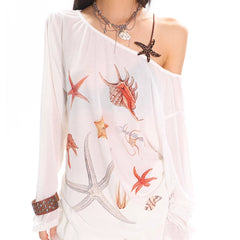 Diagonal Collar Long Sleeve T-shirt Printed See-through Loose Blouse - kinko