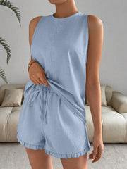 Lace Detail Round Neck Tank and Shorts Set - kinko