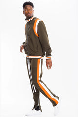 WEIV Men's Full Size Two Stripe Track Jacket and Pants Set Plus Size - kinko