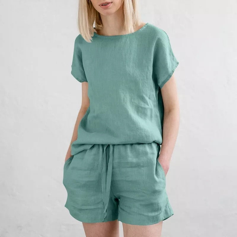 Short Sleeve Cotton Linen Retro Fashion Solid Color Top Shorts Suit - kinko