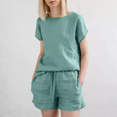 Short Sleeve Cotton Linen Retro Fashion Solid Color Top Shorts Suit - kinko
