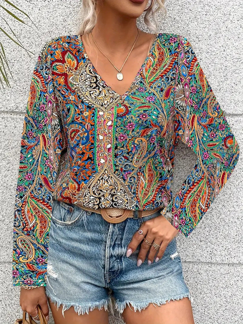 Printed V-neck Long Sleeve Shirt Women's Clothing - kinko