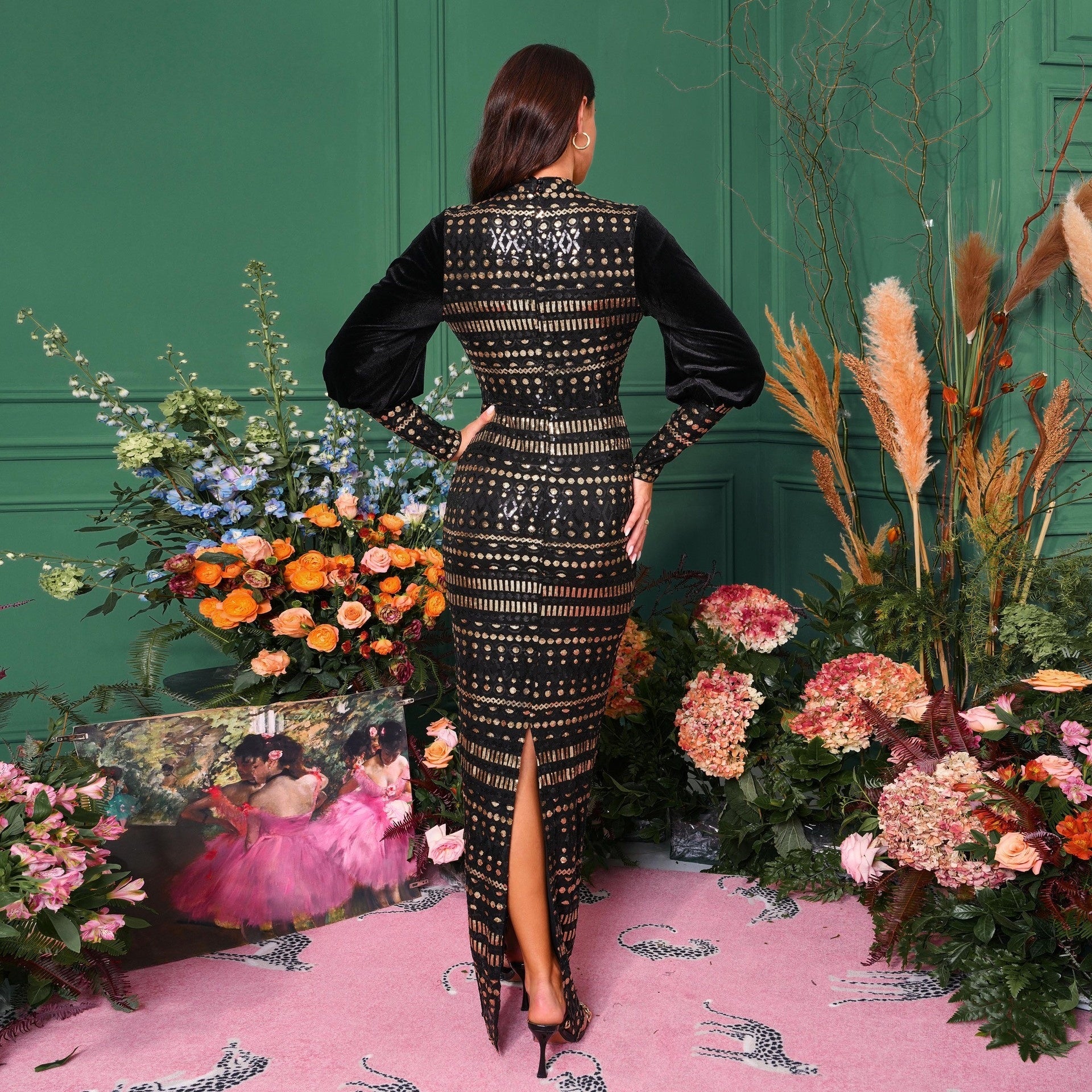 Long Sleeve Round Neck Sequins Slit Evening Dress - kinko