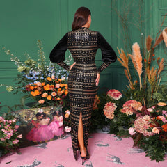 Long Sleeve Round Neck Sequins Slit Evening Dress - kinko