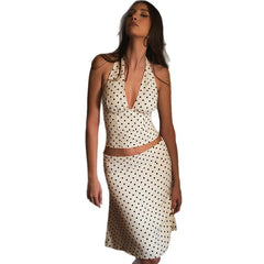 Summer New Polka Dot Halter Spaghetti Straps High Waist Skirt Two-piece Set For Women - kinko