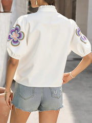 Floral Print Notched Puff Sleeve Blouse - kinko