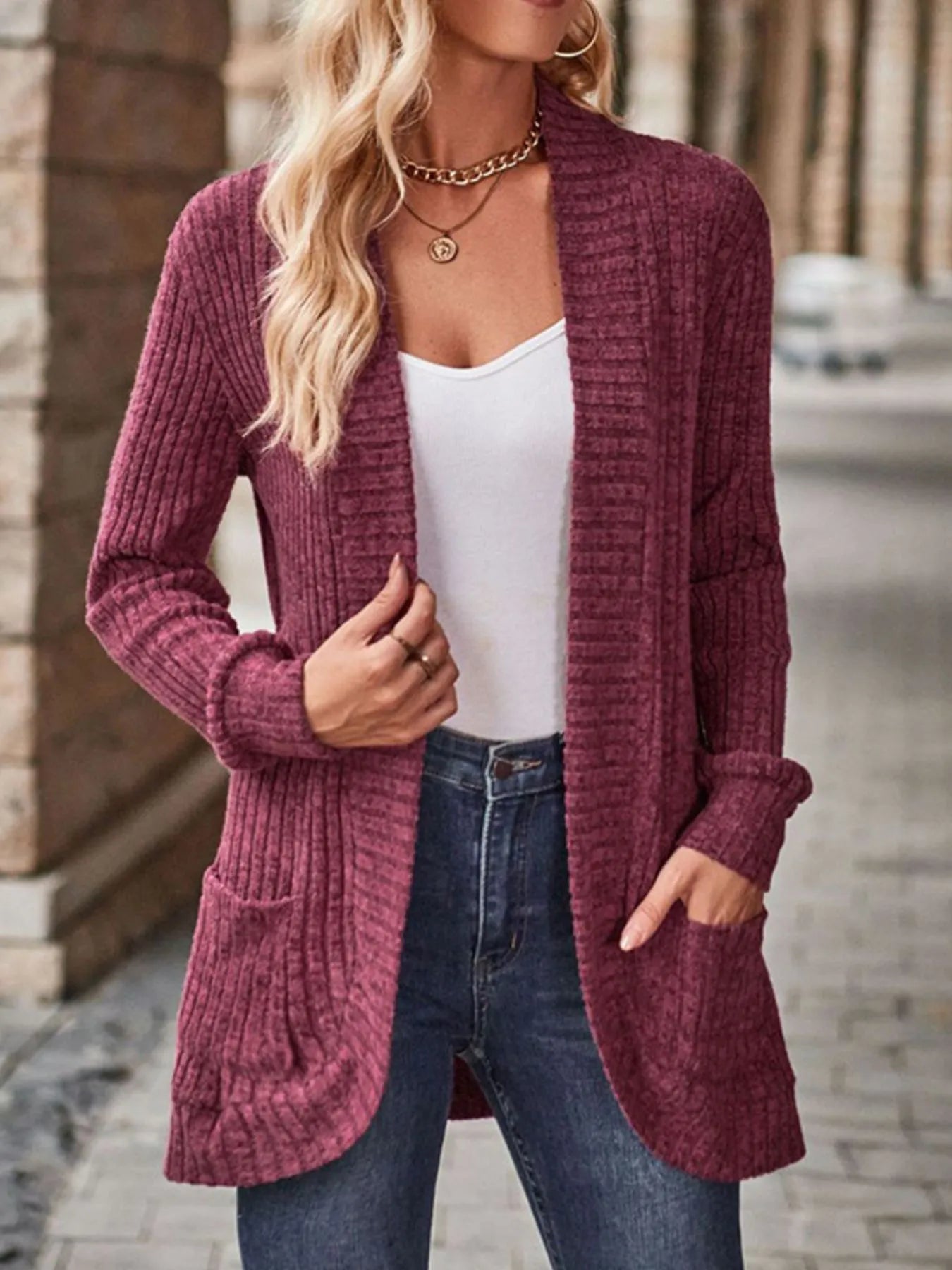 Ribbed Knit Open Front Cardigan with Pockets - kinko