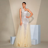 One-shoulder Diagonal Collar Slim-fit Sheath Sequined Slit Evening Dress - kinko