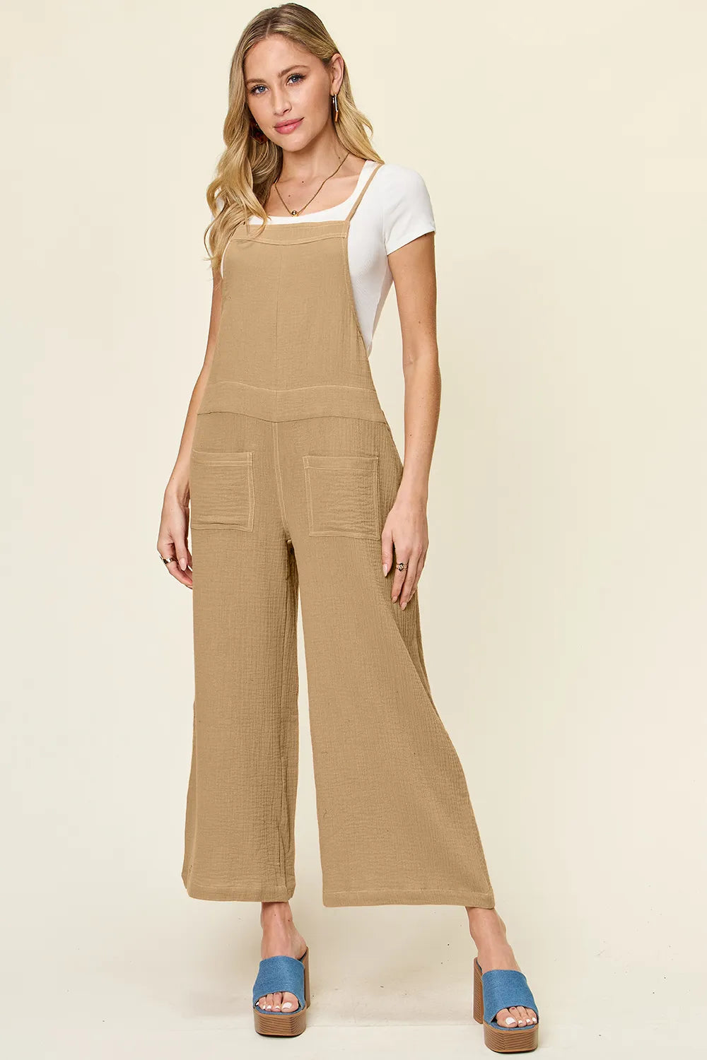 Double Take Full Size Texture Sleeveless Wide Leg Overall - kinko