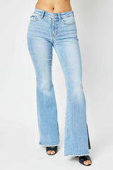 Judy Blue Full Size Mid Rise Raw Hem Slit Flare Jeans - kinko