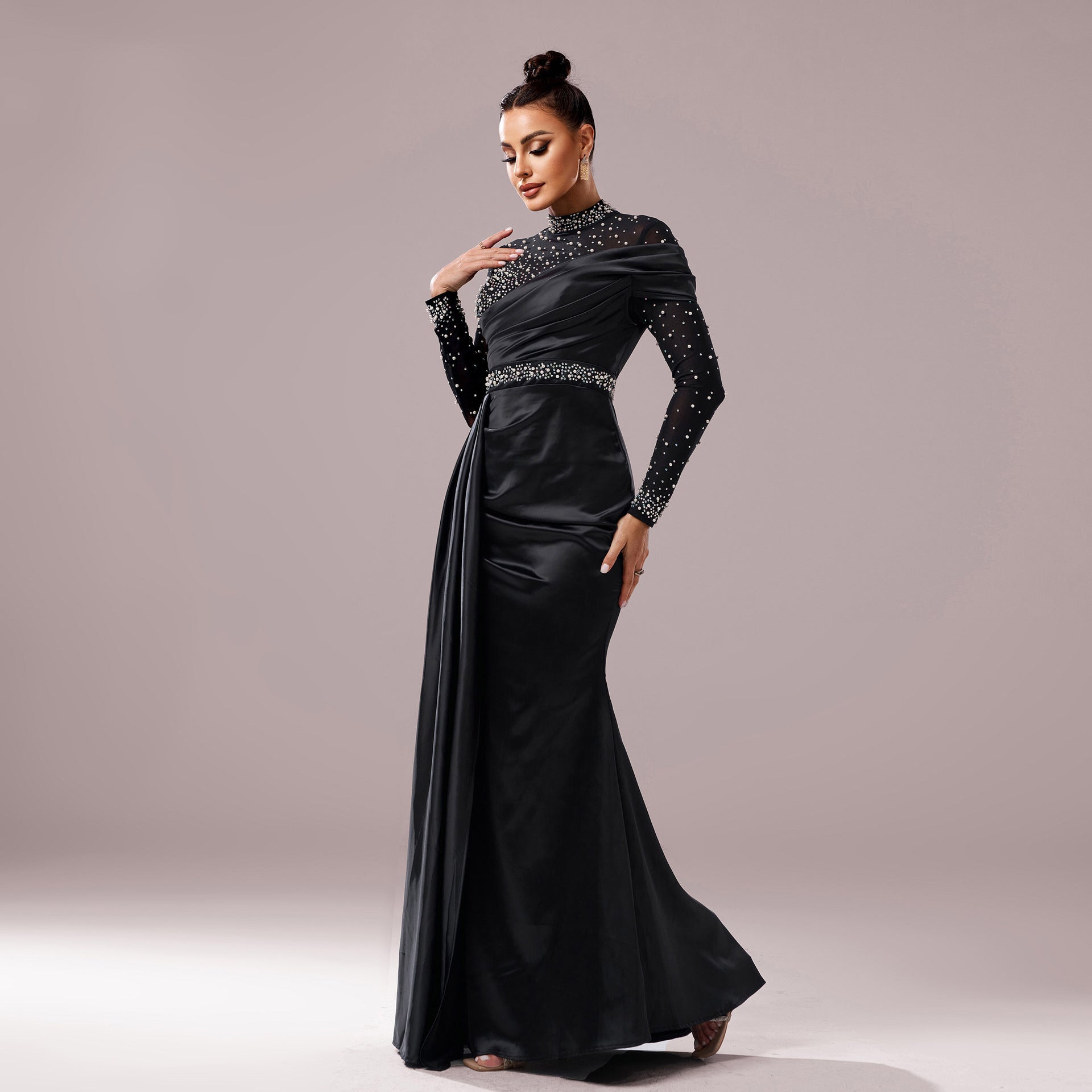 Long Sleeve Slim-fit Sheath Pearl Banquet Fishtail Evening Dress - kinko