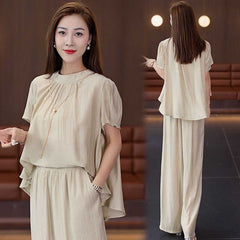 Loose Temperament Short-sleeved Wide-leg Pants Two-piece Set - kinko