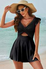 Cutout V-Neck Cap Sleeve One-Piece Swimwear - kinko