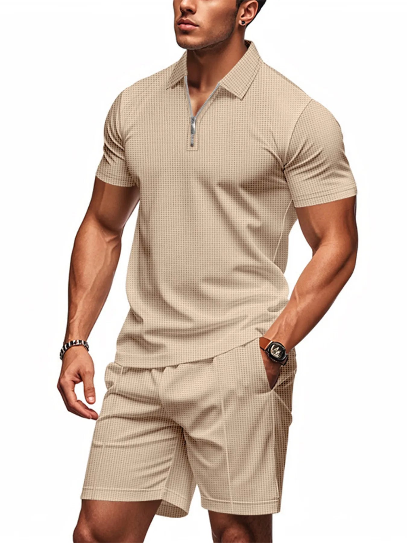 Men's Plus Size Quarter Zip Short Sleeve Top and Shorts Set - kinko