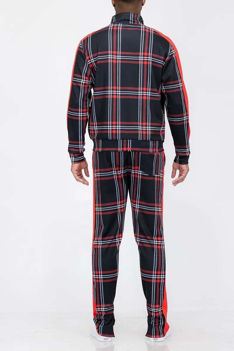WEIV Men's Full Size Plaid Checkered Zip Up Track Jacket and Pants Set Plus Size - kinko
