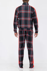 WEIV Men's Full Size Plaid Checkered Zip Up Track Jacket and Pants Set Plus Size - kinko