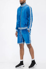 WEIV Men's Full Size Velour Zip Up Jacket and Shorts Set Plus Size - kinko