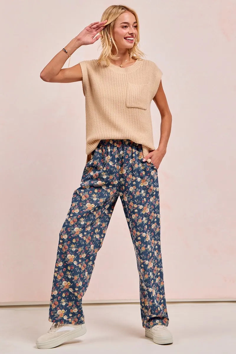 BiBi Washed Floral Print Wide Leg Jeans - kinko