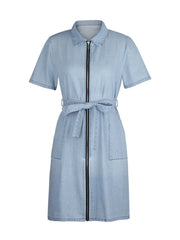 Full Size Zip Front Short Sleeve Denim Dress Plus Size - kinko