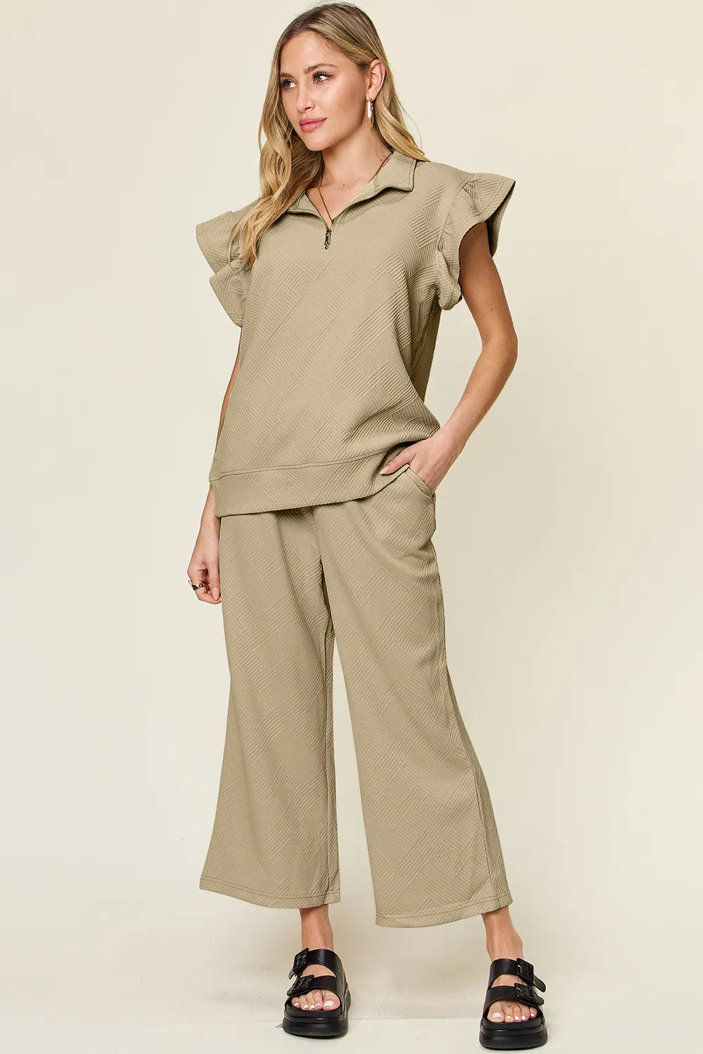 Double Take Texture Ruffle Short Sleeve Top and Drawstring Wide Leg Pants Set - kinko
