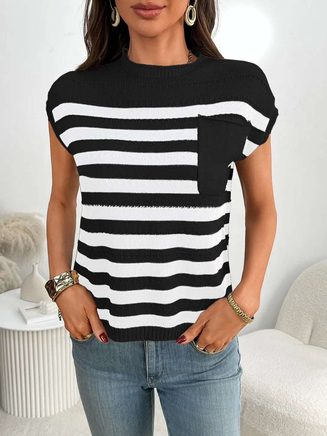 Striped Mock Neck Cap Sleeve Knit Top - kinko