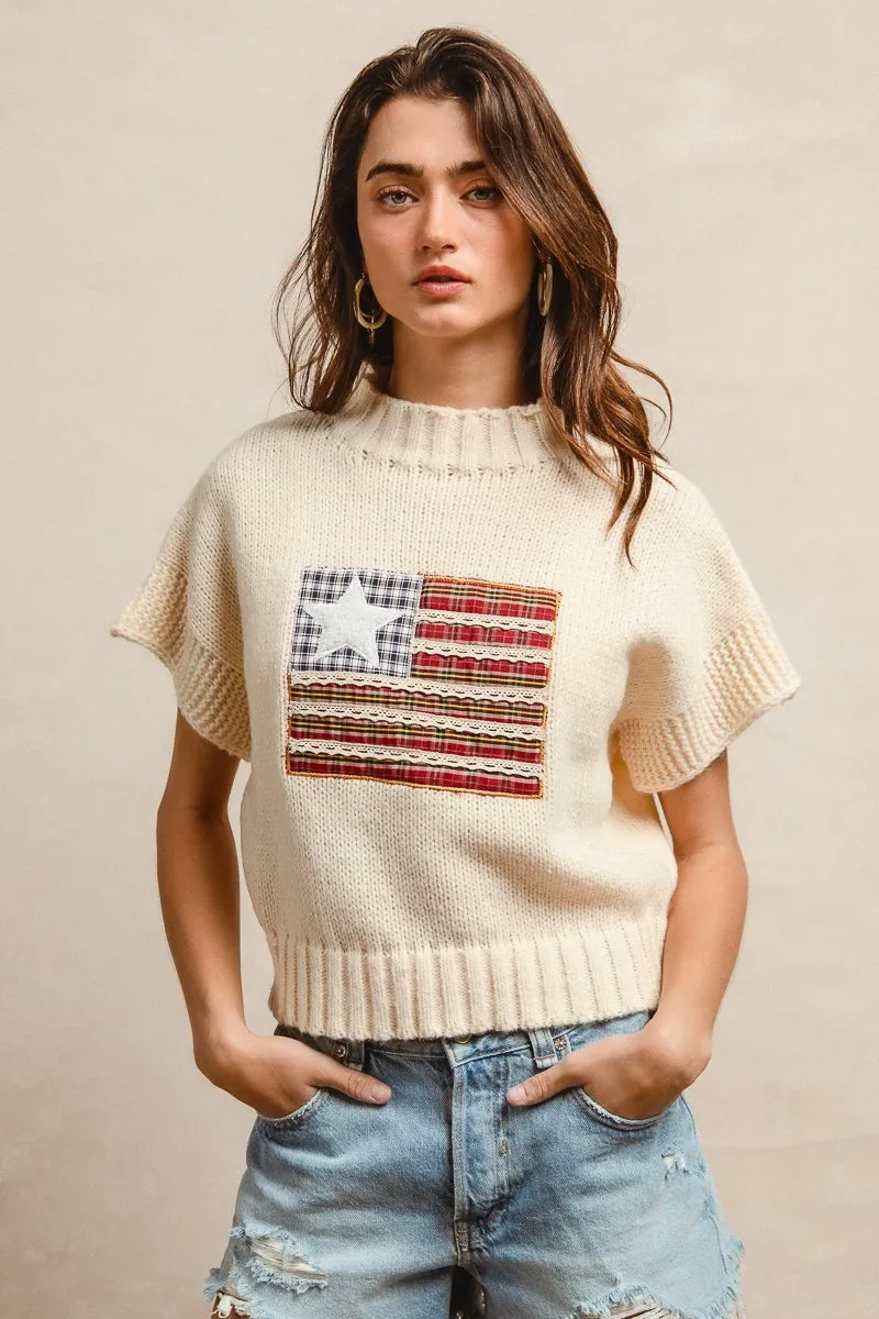 BiBi American Flag Patchwork Drop Shoulder Sweater - kinko