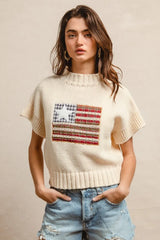 BiBi American Flag Patchwork Drop Shoulder Sweater - kinko
