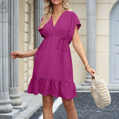 Womens Summer Dresses Short Sleeve V Neck Drawstring Casual Flowy Ruffle A-Line Swing Mini Babydoll Tunic Dress - kinko