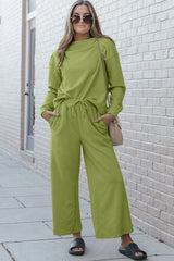 Double Take Full Size Textured Long Sleeve Top and Drawstring Pants Set - kinko