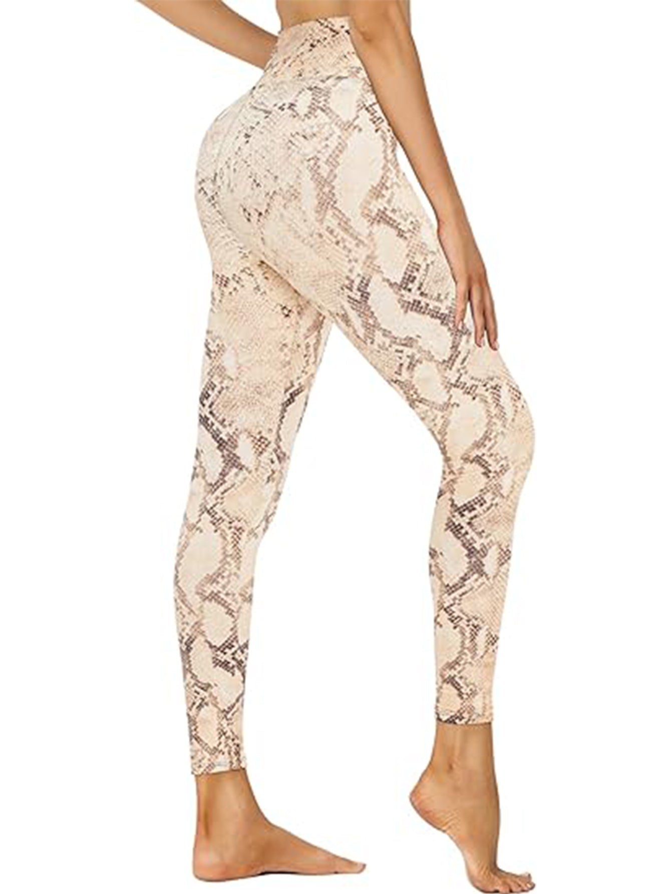Leggings - Cropped High-waisted Printed Light Brown Snake Print - kinko