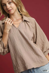 Umgee Oversized Balloon Sleeve Textured Blouse - kinko