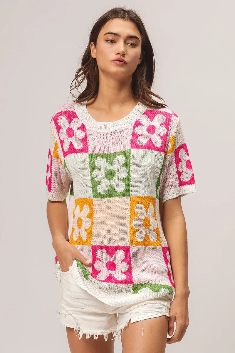 BiBi Flower Checker Pattern Lightweight Sweater Top - kinko