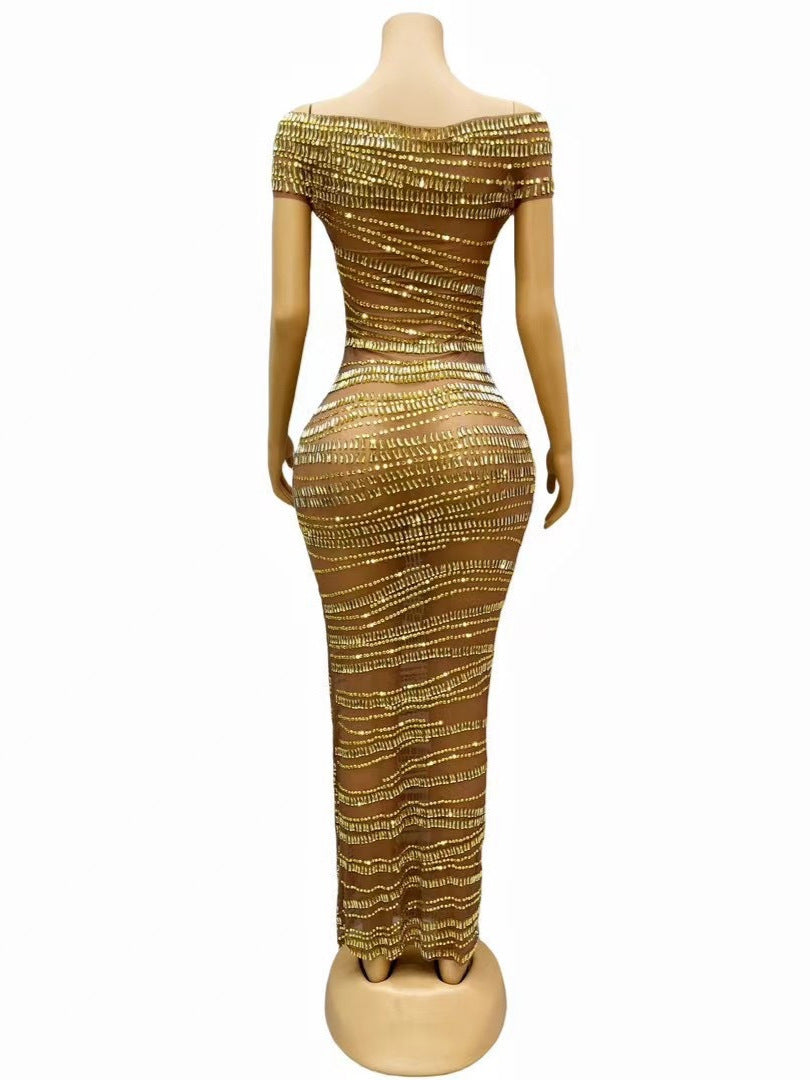 Sexy Luxury Shiny Rhinestone Dress Performance Costume Party Evening Dress - kinko