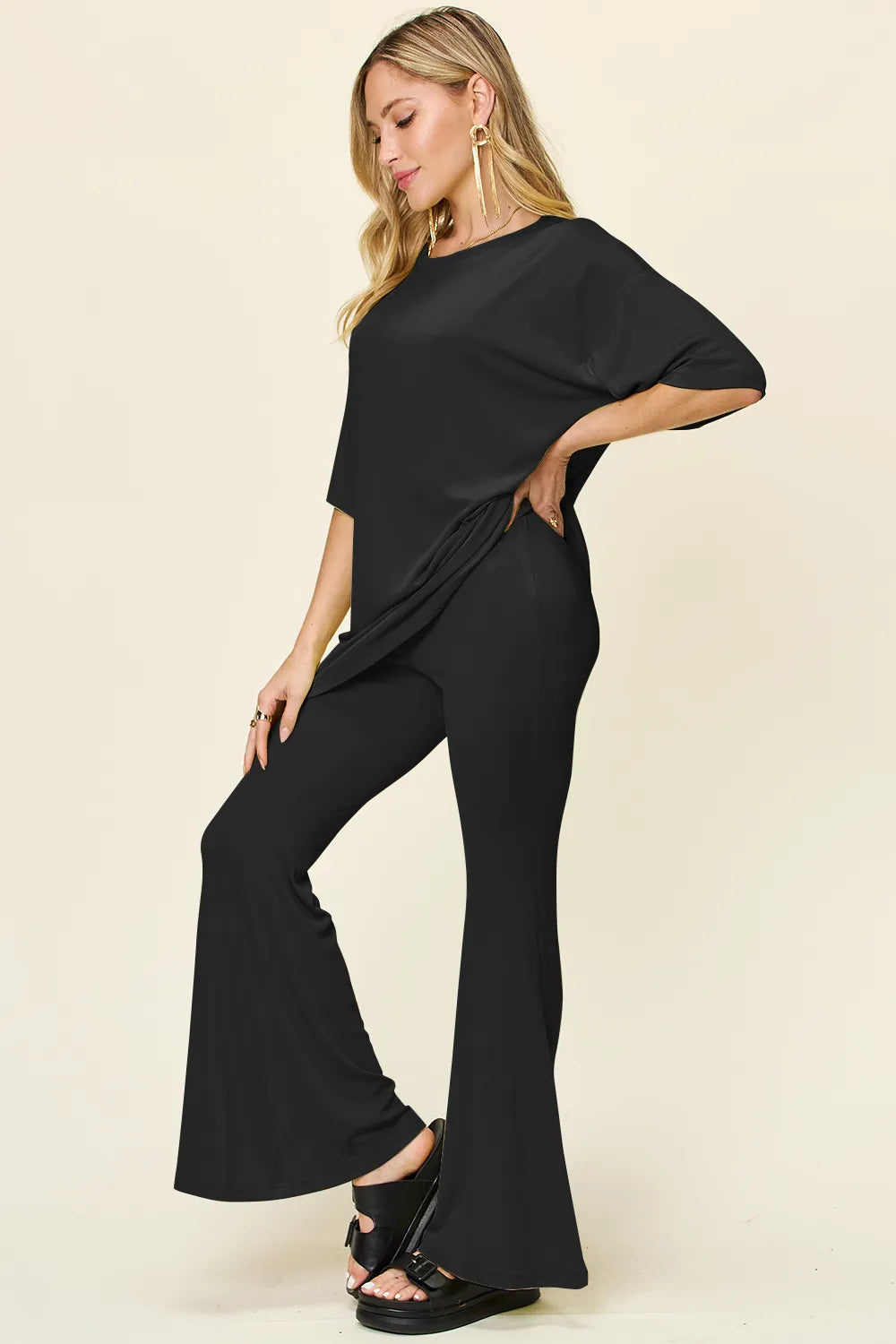 Double Take Full Size Round Neck Drop Shoulder T-Shirt and Flare Pants Set - kinko