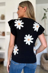 Double Take Full Size Ruffled Flower Round Neck Cap Sleeve Sweater - kinko