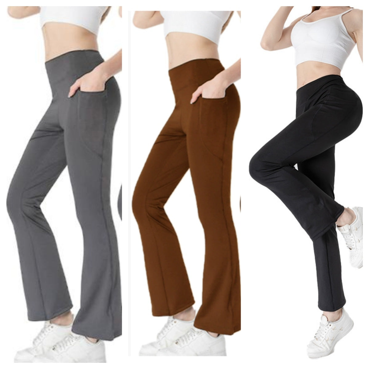 Ladies Mid Waist Abdominal-shaping Slimming Cropped Pants Casual Pocket Bootcut Trousers - kinko
