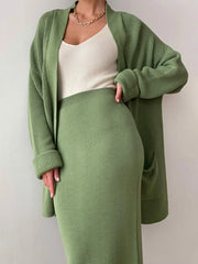 Pocketed Long Sleeve Cardigan and Skirt Sweater Set - kinko