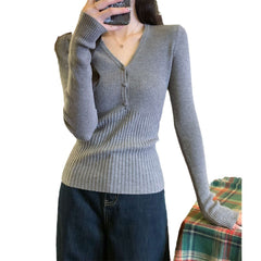 Waist-tight Slimming V-neckline Long-sleeved Women's Temperament Commute Pure Sweater - kinko