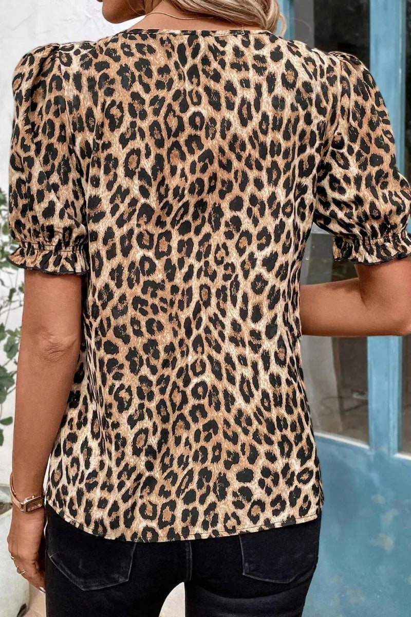 Leopard Ruffled Neck Cascading Puff Short Sleeve Top - kinko