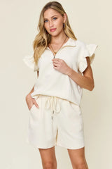 Double Take Full Size Texture Flounce Sleeve Top and Drawstring Shorts Set - kinko