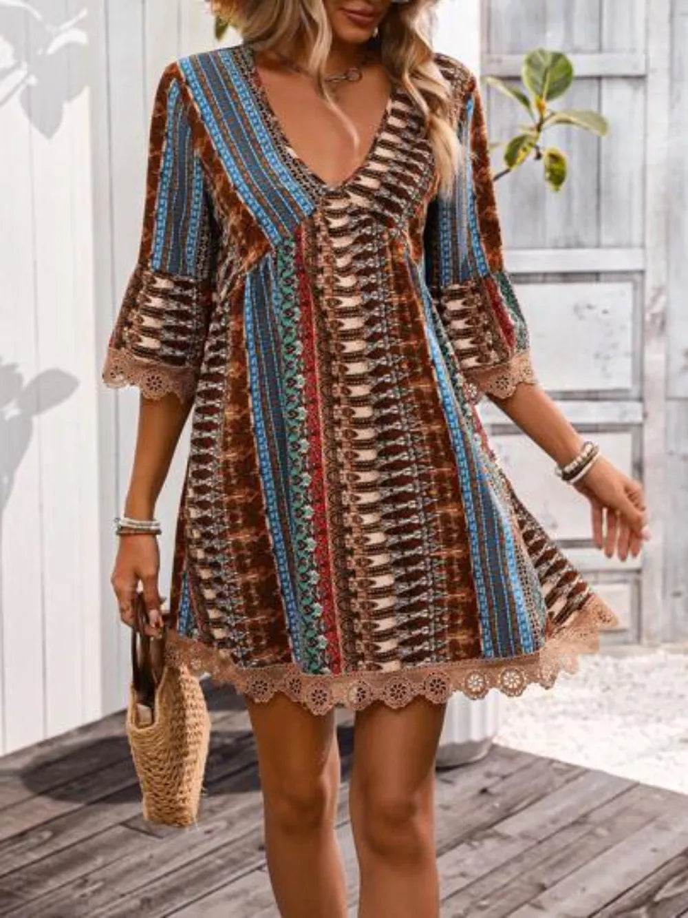 Lace Trim Printed V-Neck 3/4 Sleeve Dress - kinko