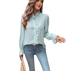 Women's French-style Plaid Shirt With Wooden Ears - kinko