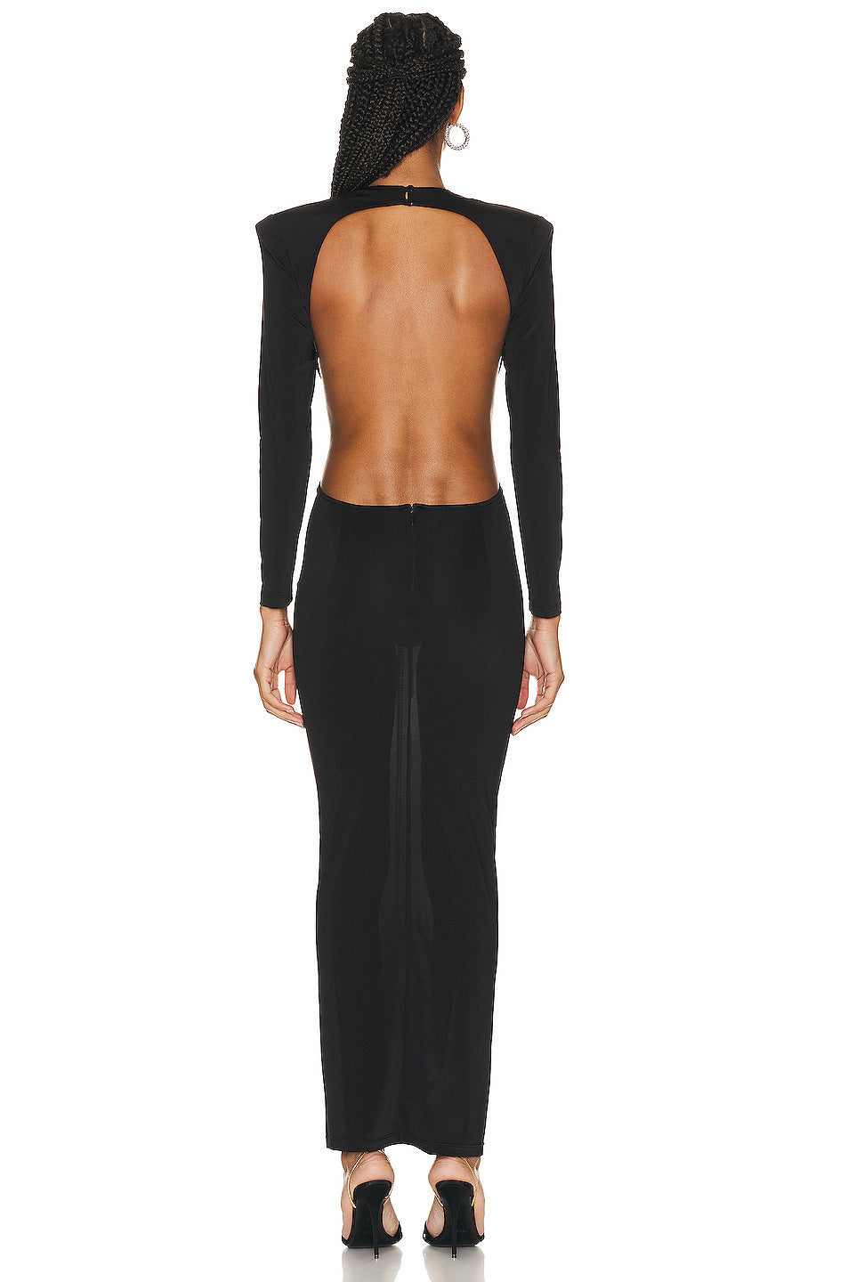 Sexy Backless Black Long Sleeve Hollow Flower Tassel Decoration Dress - kinko