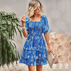 French Square Collar Cake Fashion Vacation Fashion Vacation Holiday Short Dress - kinko