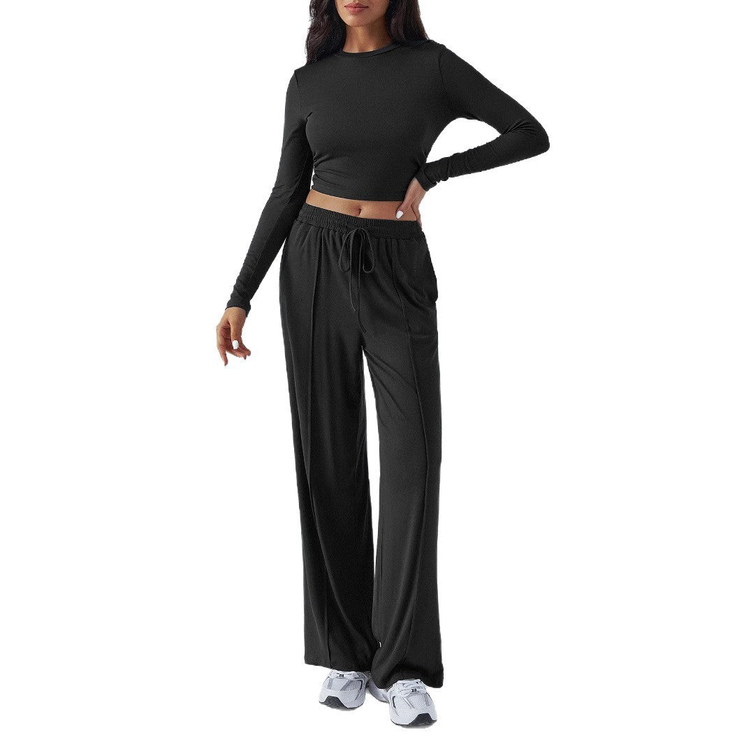 Tether Solid Color Waist Tight Fashion Wide Leg Casual Trousers Suit - kinko