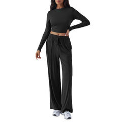 Tether Solid Color Waist Tight Fashion Wide Leg Casual Trousers Suit - kinko